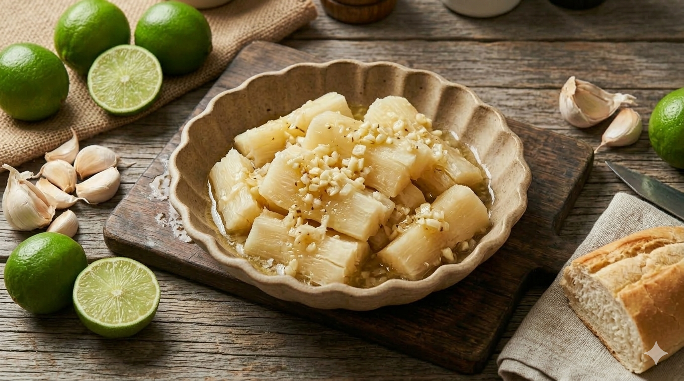 Yuca con mojo — cassava with garlic-citrus Cuban sauce